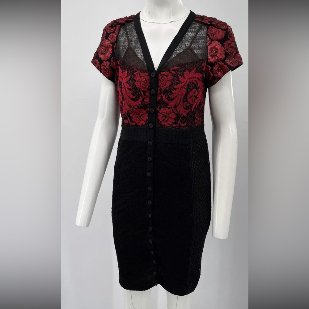Byron Lars Black and Burgundy Lace Knit Button-Front Dress 6